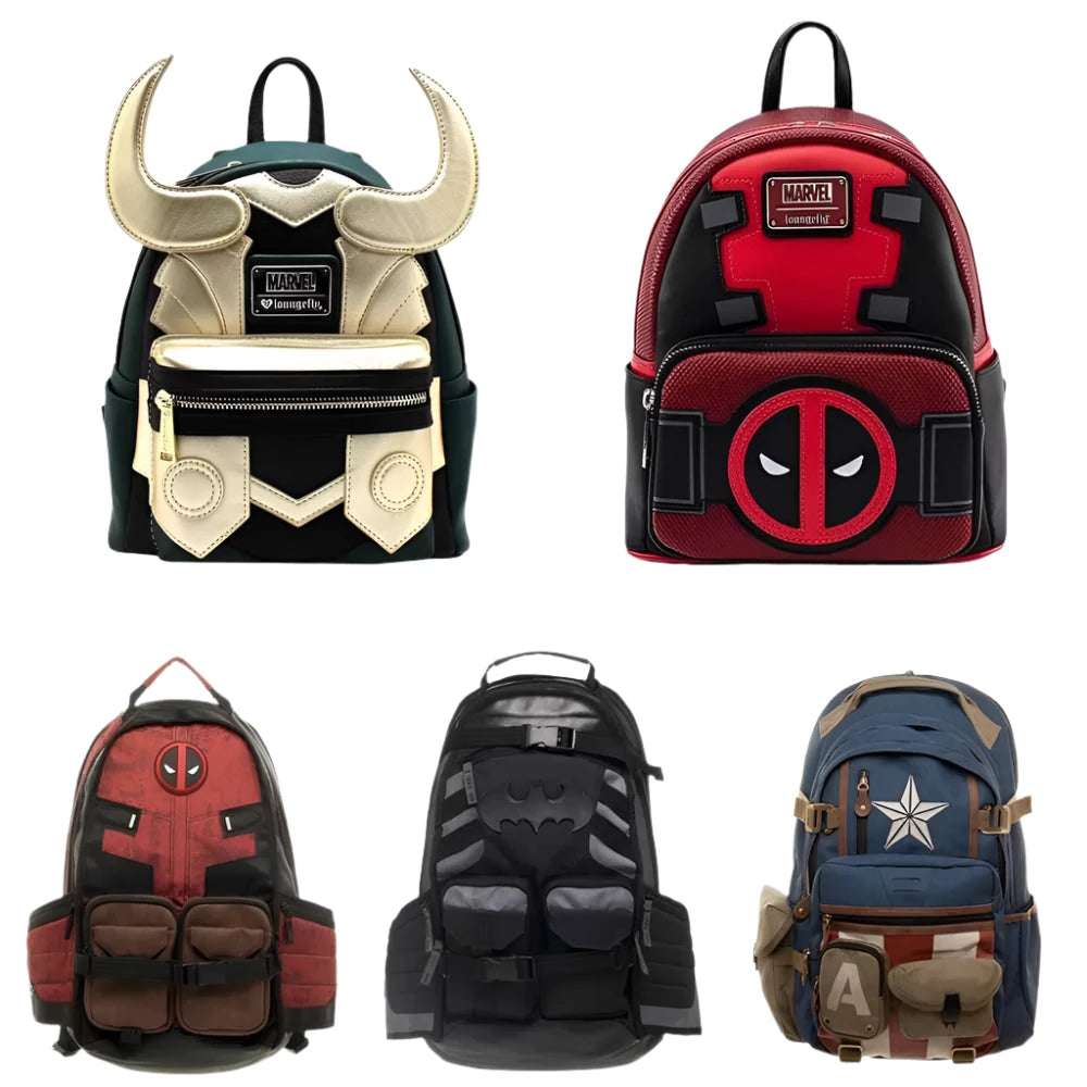 Collection of cartoon superhero fans backpack including Deadpool, Loki, Batman, and Captain America designs