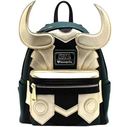 Marvel-themed cartoon superhero fans backpack by LuckeLadybug LLC with gold horn design