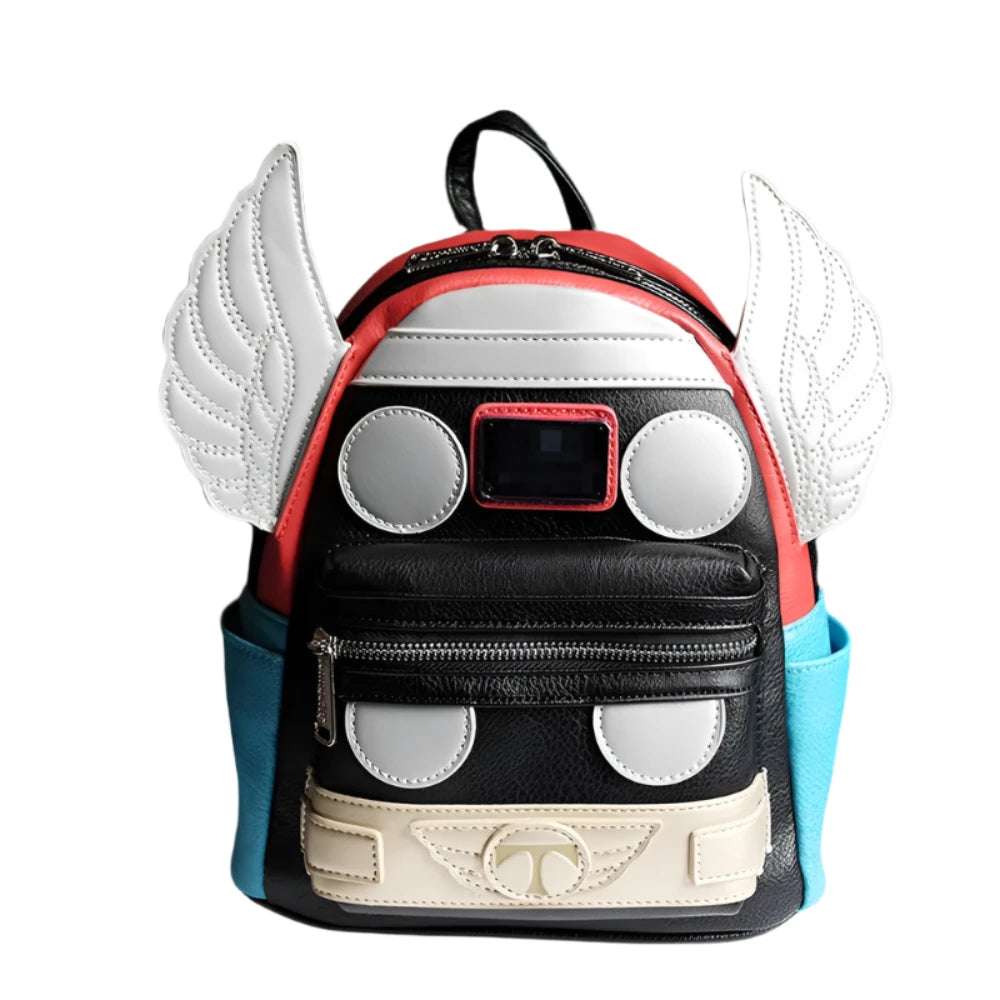 Cartoon superhero fans backpack with wing details and vibrant colors by LuckeLadybug LLC