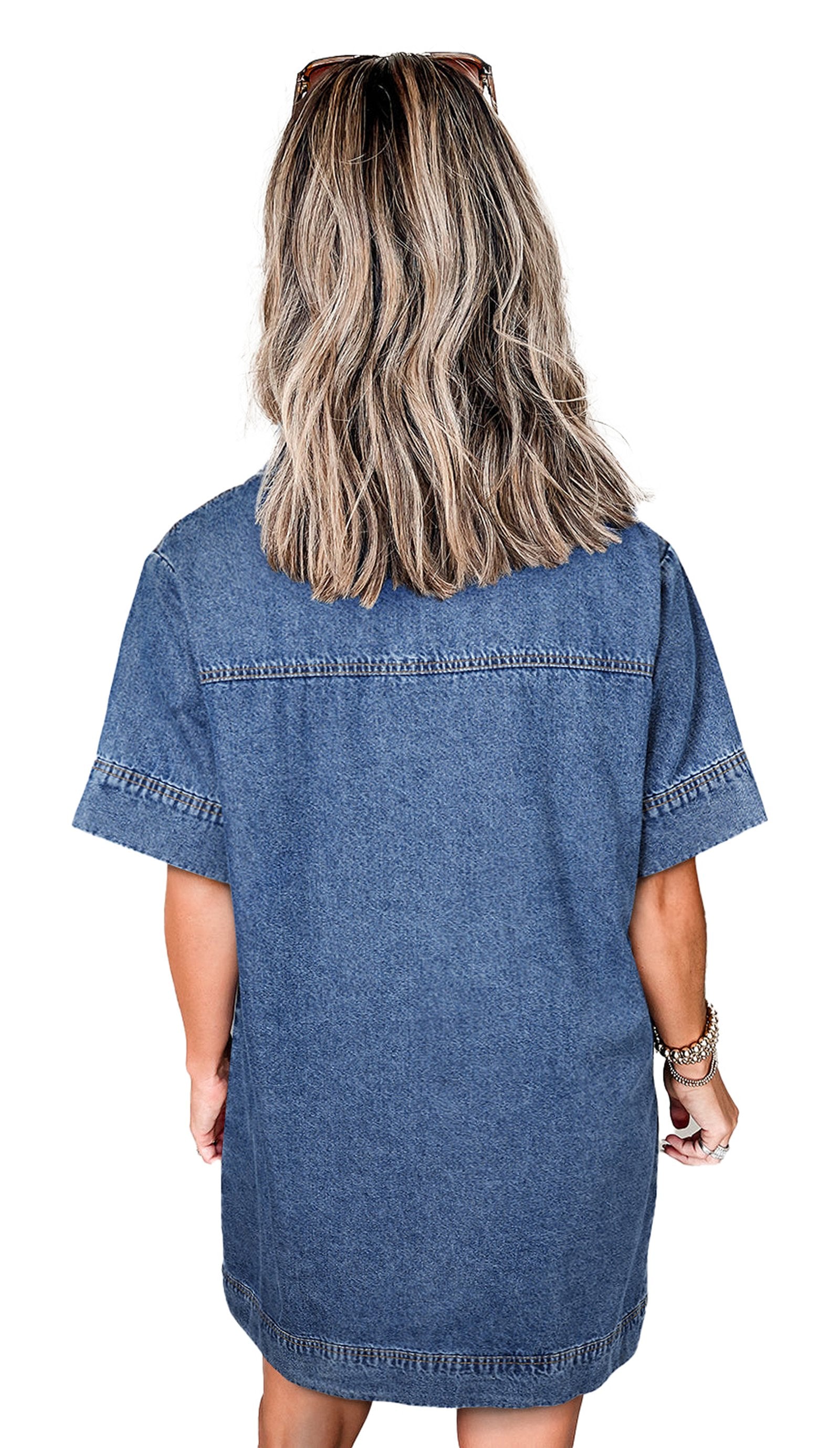 LuckeLadybug H Line blue denim mini dress back view on model with short sleeves and casual fit