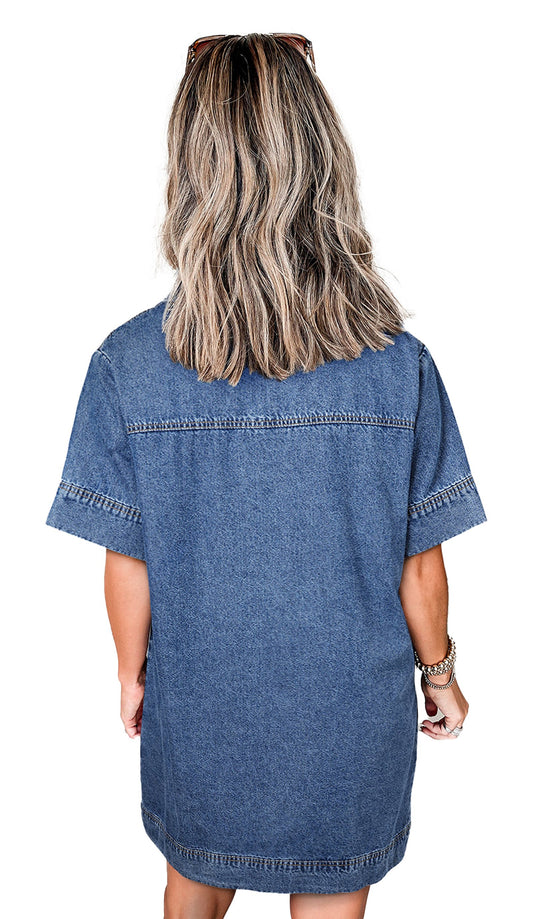 LuckeLadybug H Line blue denim mini dress back view on model with short sleeves and casual fit