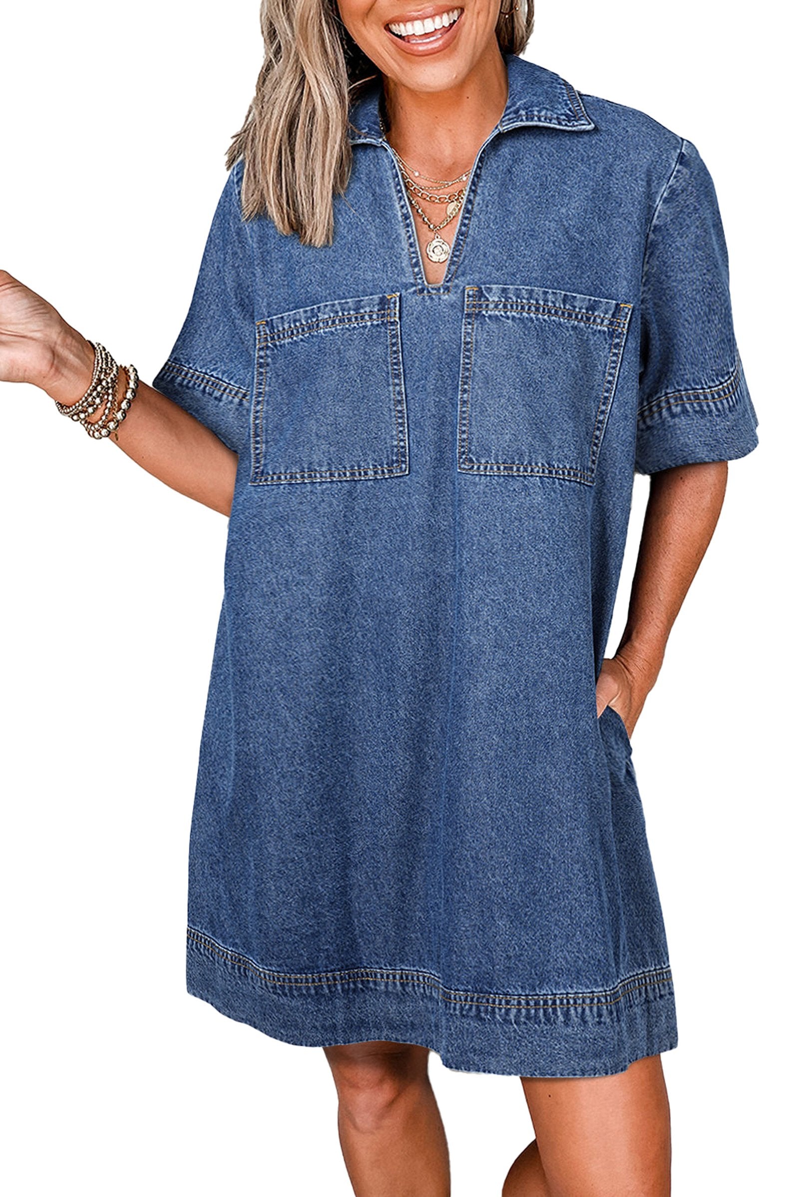 LuckeLadybug H Line blue denim mini dress with collar V neck short sleeves and front patch pockets