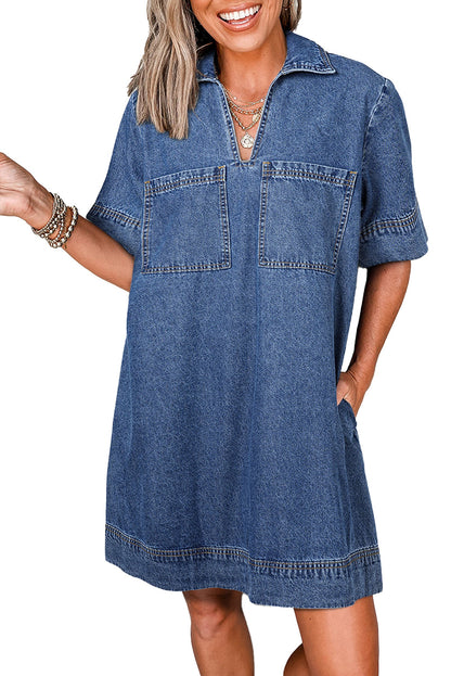 LuckeLadybug H Line blue denim mini dress with collar V neck short sleeves and front patch pockets