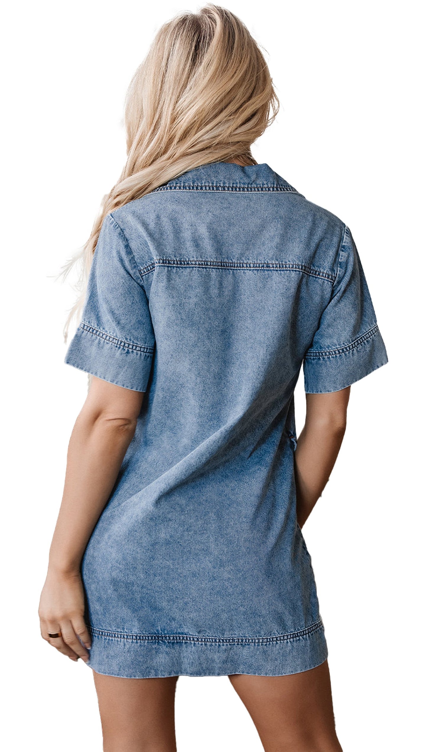 LuckeLadybug H Line blue denim mini dress back view on model short sleeves collared casual daywear