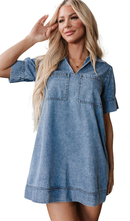LuckeLadybug blue denim mini dress in H line silhouette with short sleeves collar and chest pockets