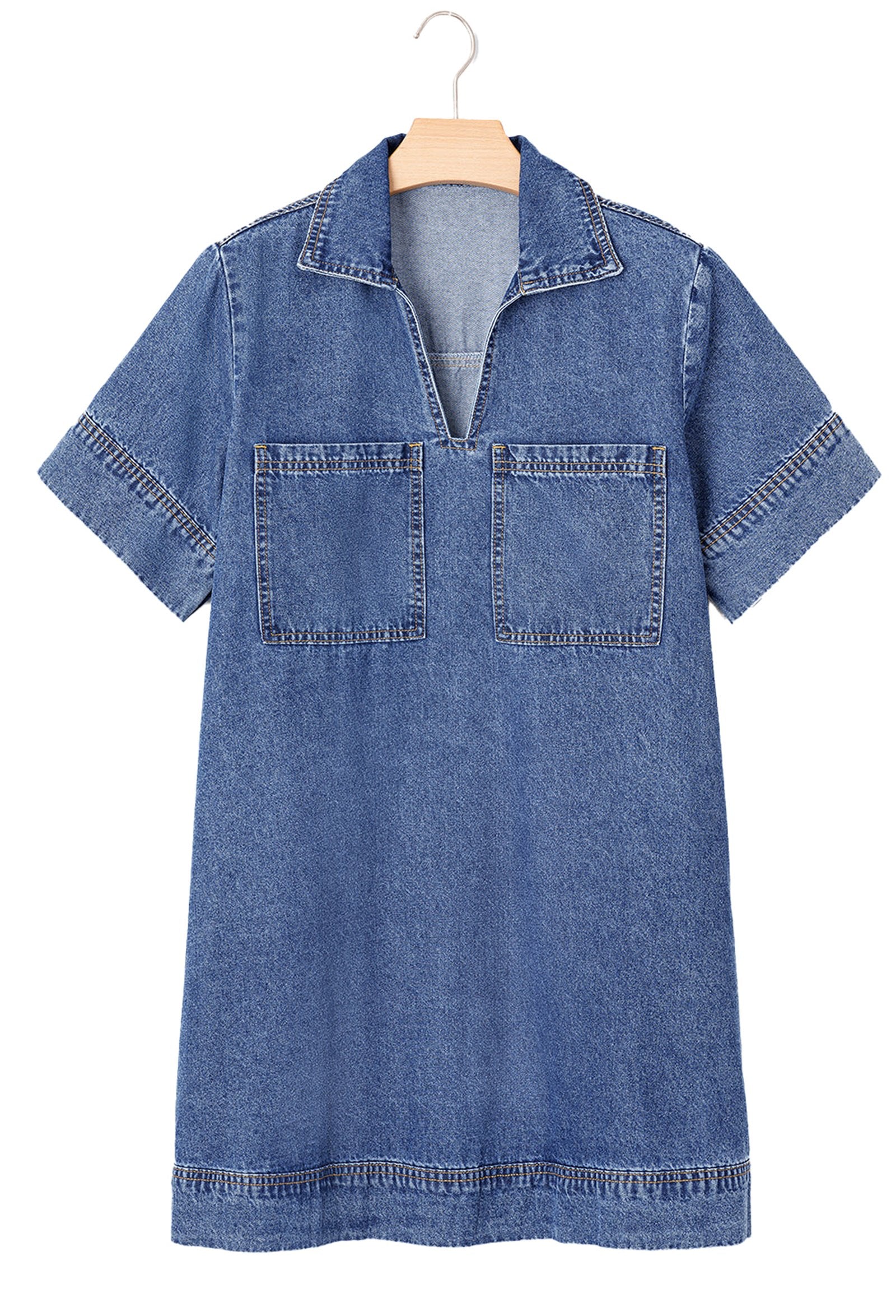LuckeLadybug H Line blue denim mini dress with short sleeves collar and front patch pockets
