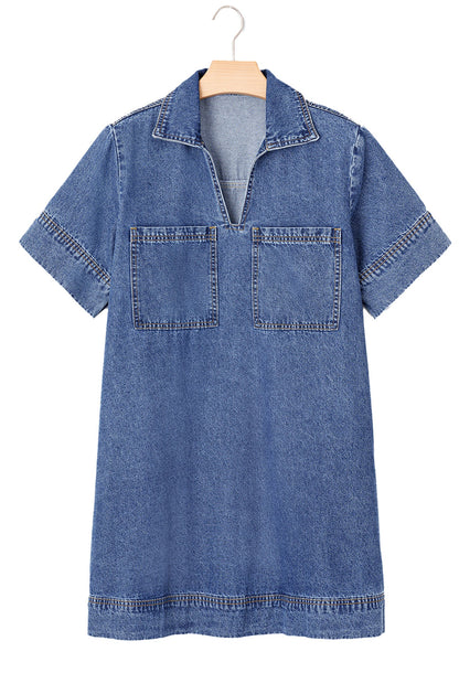 LuckeLadybug H Line blue denim mini dress with short sleeves collar and front patch pockets