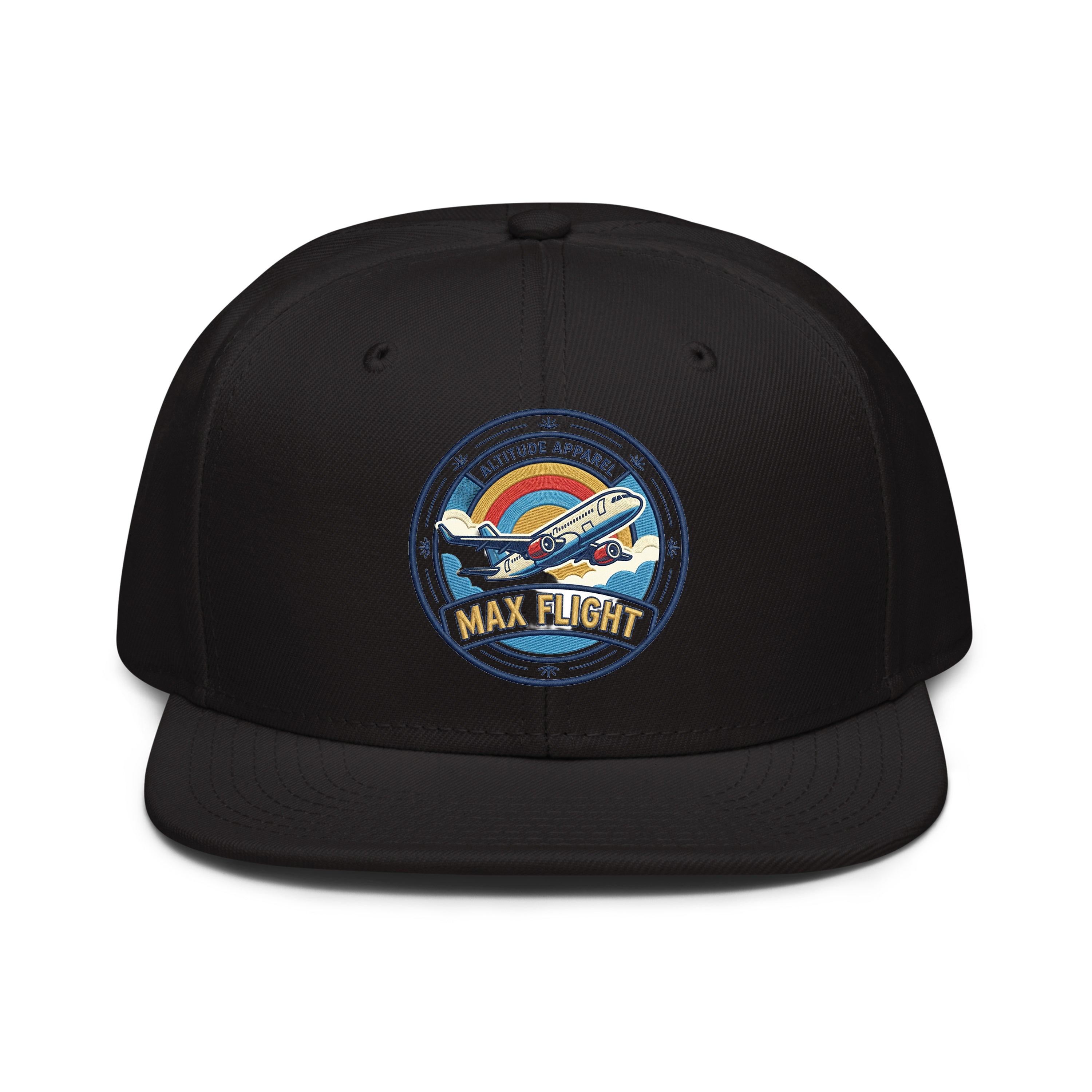 Black snapback cap featuring a Boeing 737 graphic with colorful design for aviation enthusiasts