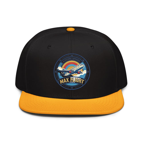 LuckeLadybug LLC Snapback Hat featuring Boeing 737 design with colorful graphics and a yellow brim