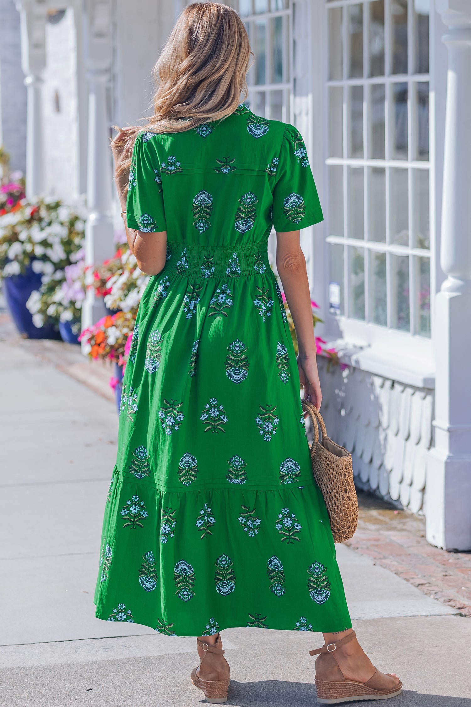 Green floral fit and flare maxi dress with short sleeves and cinched waist by LuckeLadybug LLC