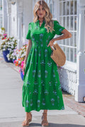 LuckeLadybug LLC Green Fit & Flare Maxi Dress with Floral Print and Short Sleeves