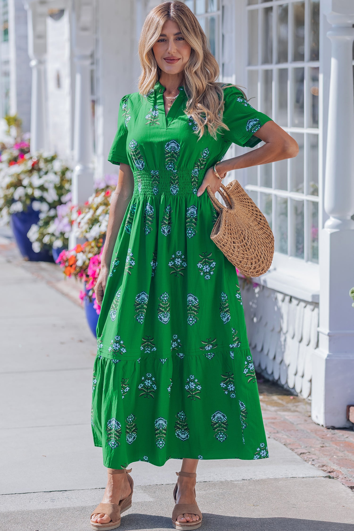 LuckeLadybug LLC Green Fit & Flare Maxi Dress with Floral Print and Short Sleeves