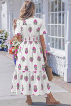 LuckeLadybug LLC Floral Fit & Flare and maxi dress in white with pink roses for summer outings
