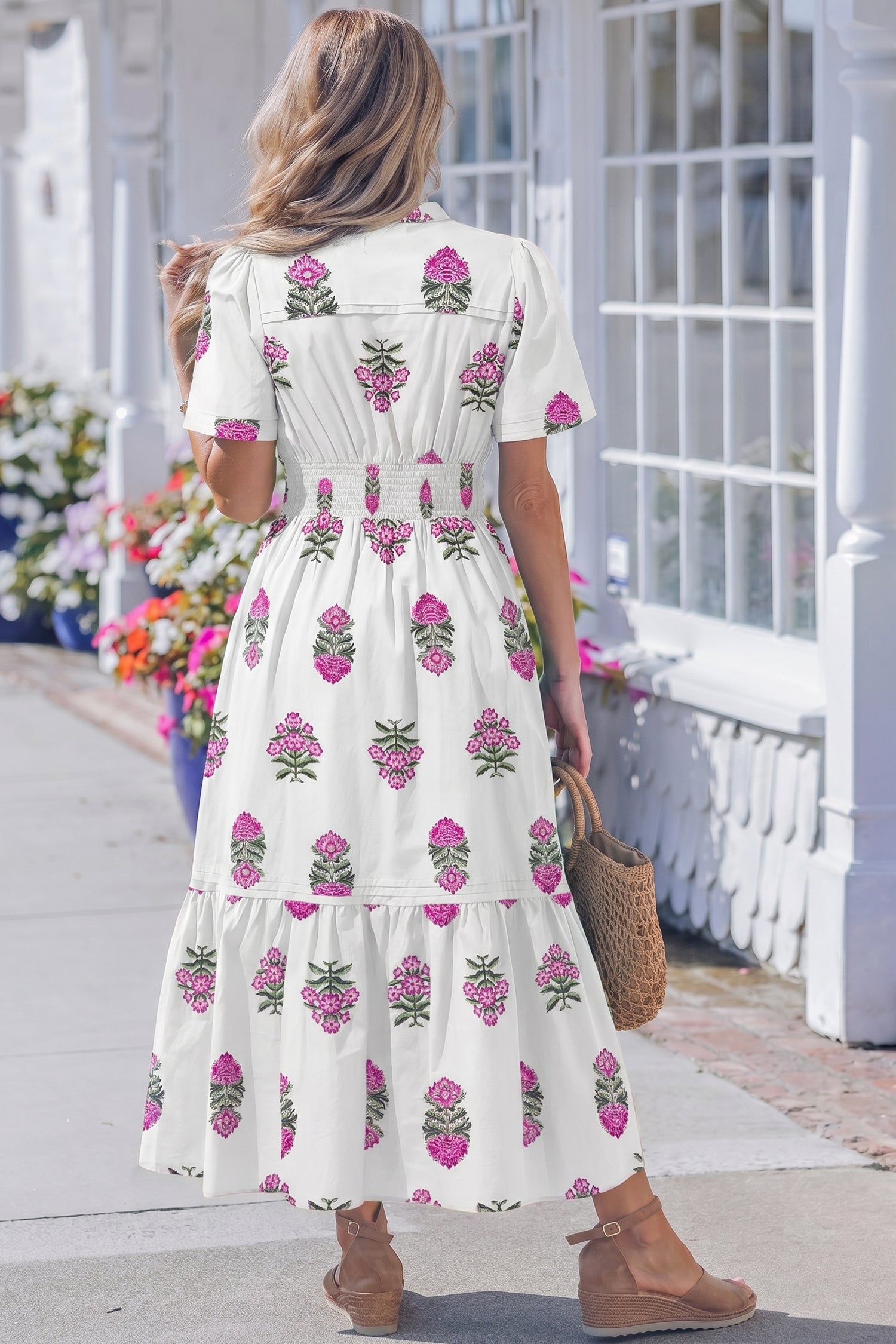 LuckeLadybug LLC Floral Fit & Flare and maxi dress in white with pink roses for summer outings