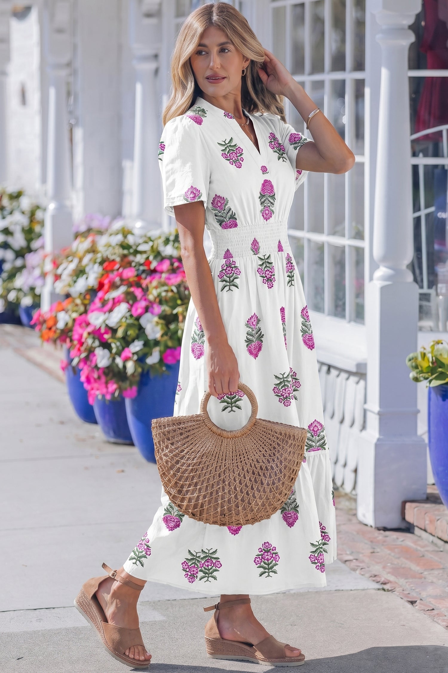 LuckeLadybug LLC Fit & Flare floral design and maxi dress with short sleeves and a flowing skirt