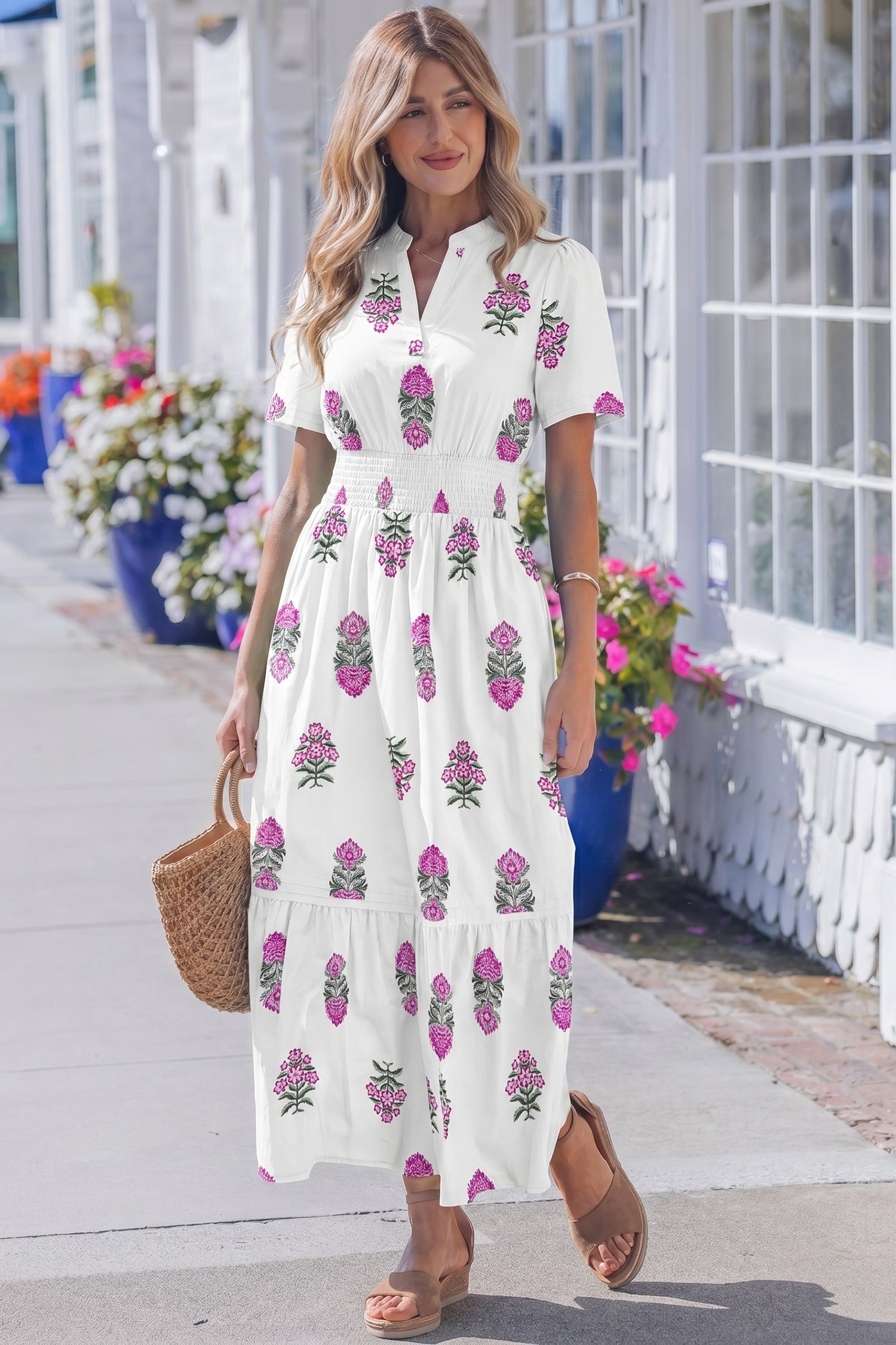 LuckeLadybug LLC Floral Fit & Flare Maxi Dress in White with Pink Flowers and Short Sleeves