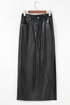 Black Faux Leather Side Slit Maxi Skirt