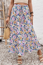 Pink Floral Print Lace-up High Waist Ruffle Hem Maxi Skirt
