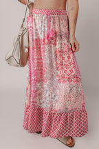 Red Boho Pattern Print Tassel Drawstring Elastic Waistband Maxi Skirt