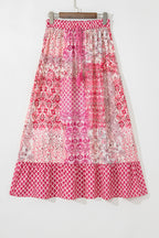 Red Boho Pattern Print Tassel Drawstring Elastic Waistband Maxi Skirt