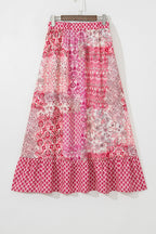 Red Boho Pattern Print Tassel Drawstring Elastic Waistband Maxi Skirt