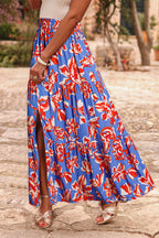 Sky Blue Bohemian Floral Print Tiered Maxi Skirt with Split