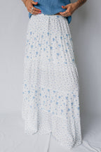 Sky Blue High Waist Tiny Floral Print Boho Maxi Skirt