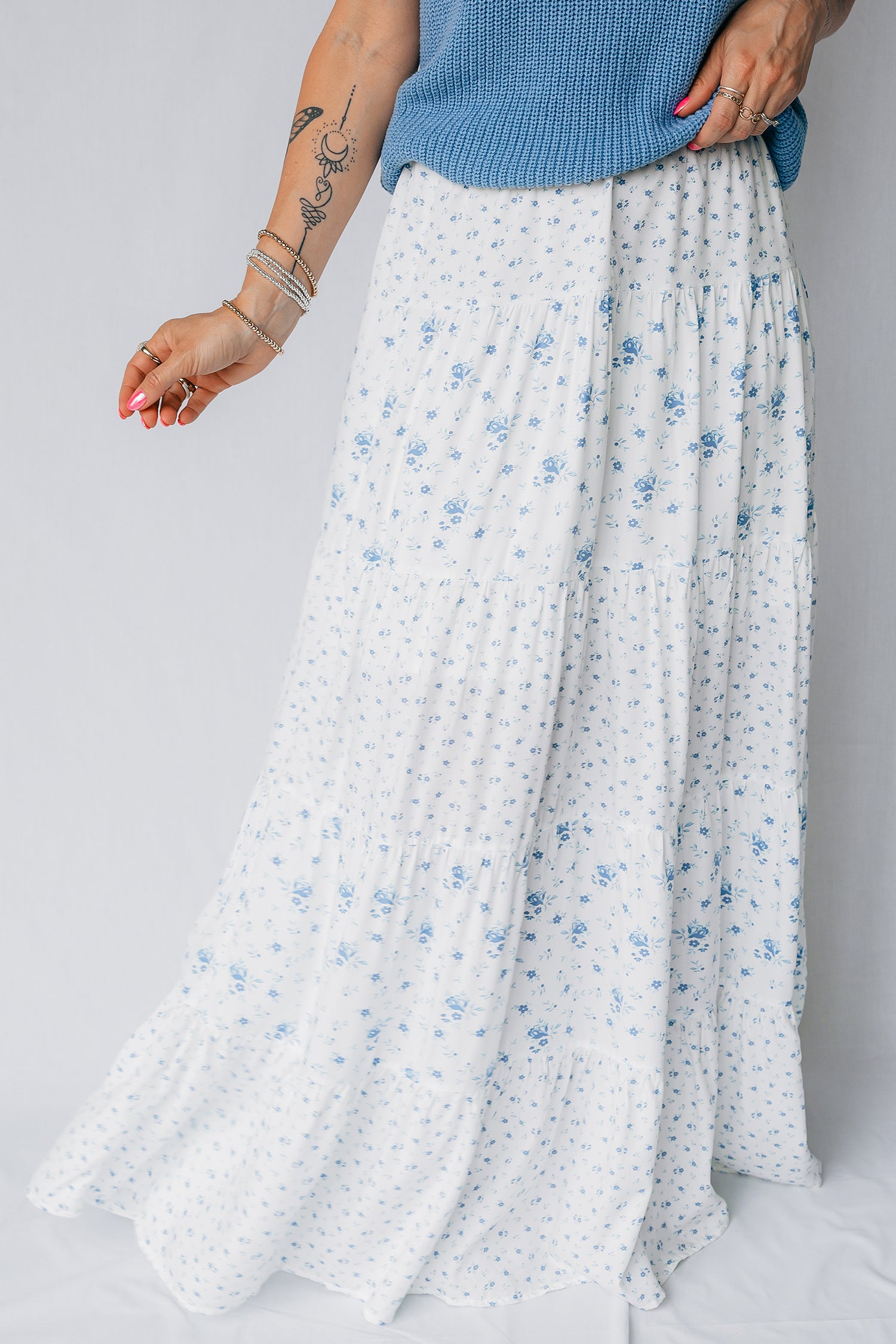 Sky Blue High Waist Tiny Floral Print Boho Maxi Skirt