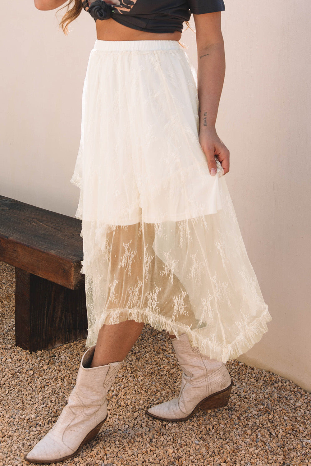 Black Lace Cascading Tiered High Waist Maxi Skirt