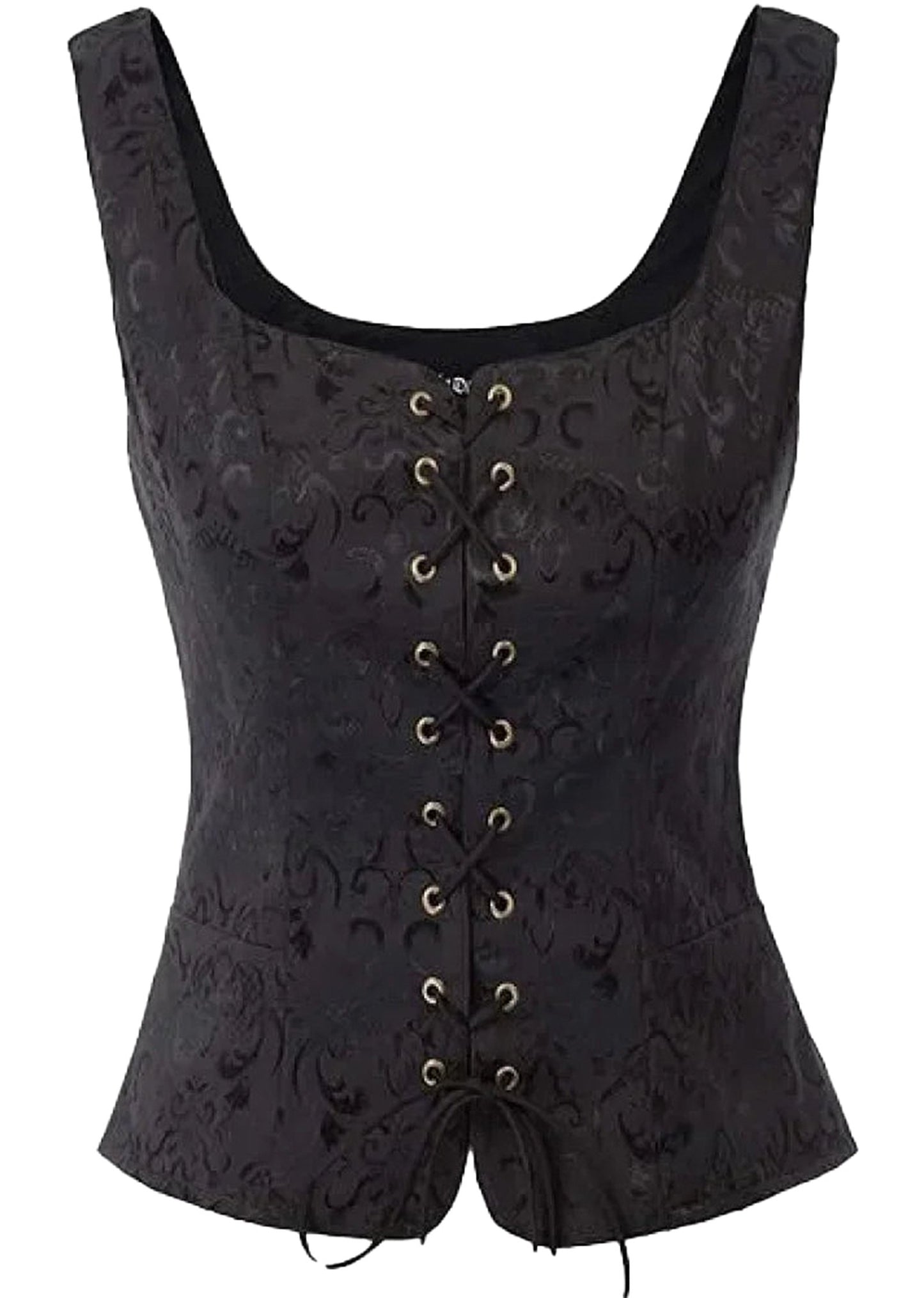 Black brocade medieval corset top for women with lace-up front and elegant design