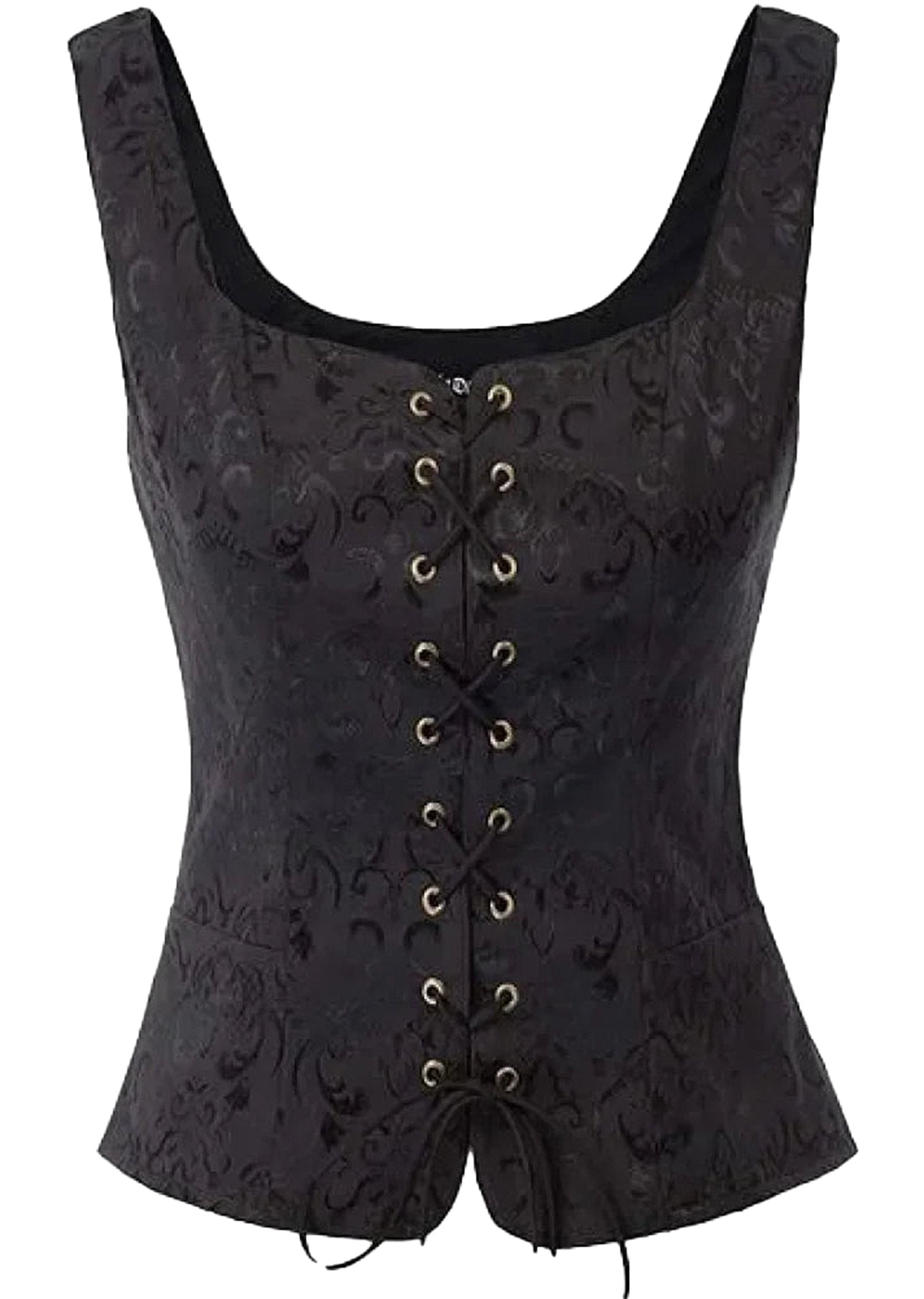 Black brocade medieval corset top for women with lace-up front and elegant design