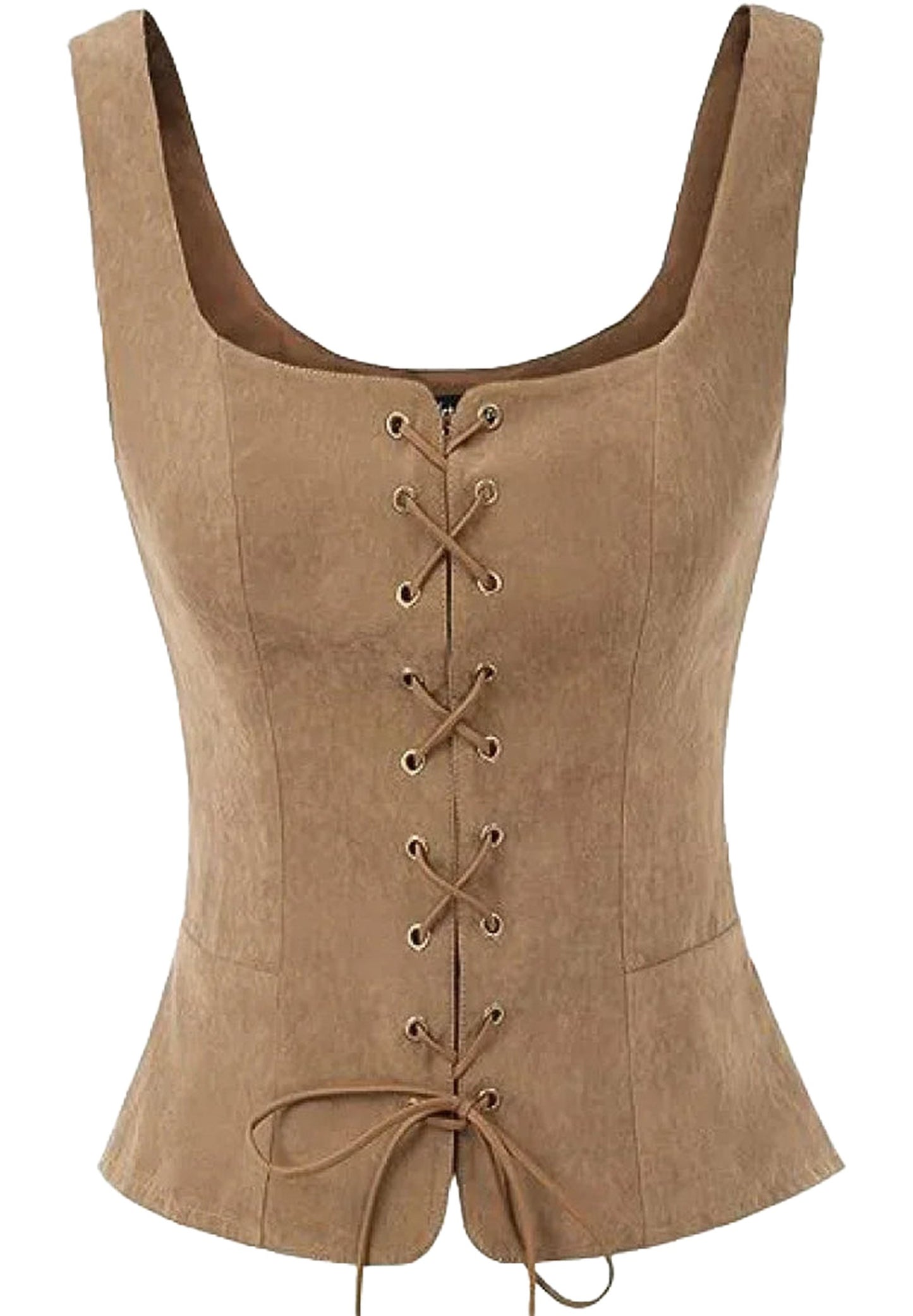 Tan medieval corset top for women featuring a lace-up front and fitted silhouette
