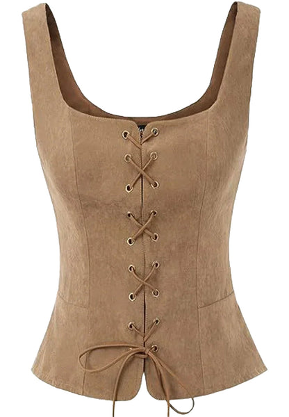 Tan medieval corset top for women featuring a lace-up front and fitted silhouette