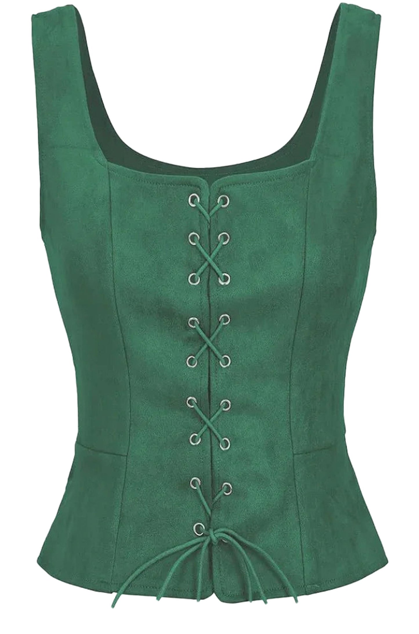 Green medieval corset top for women featuring lace-up design and fitted silhouette