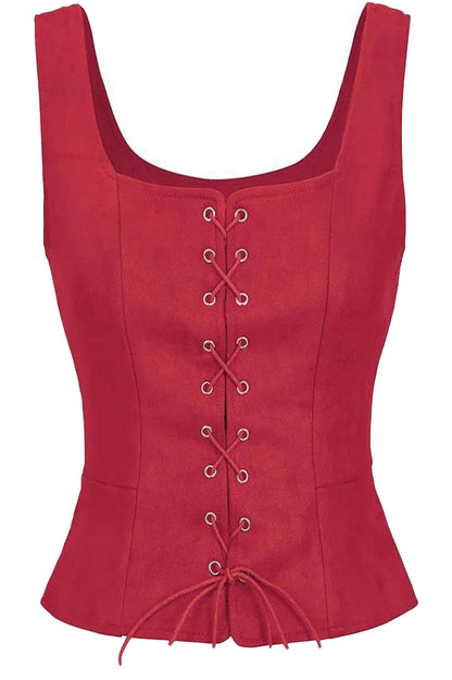 Stylish red medieval corset top for women with lace-up front and fitted design