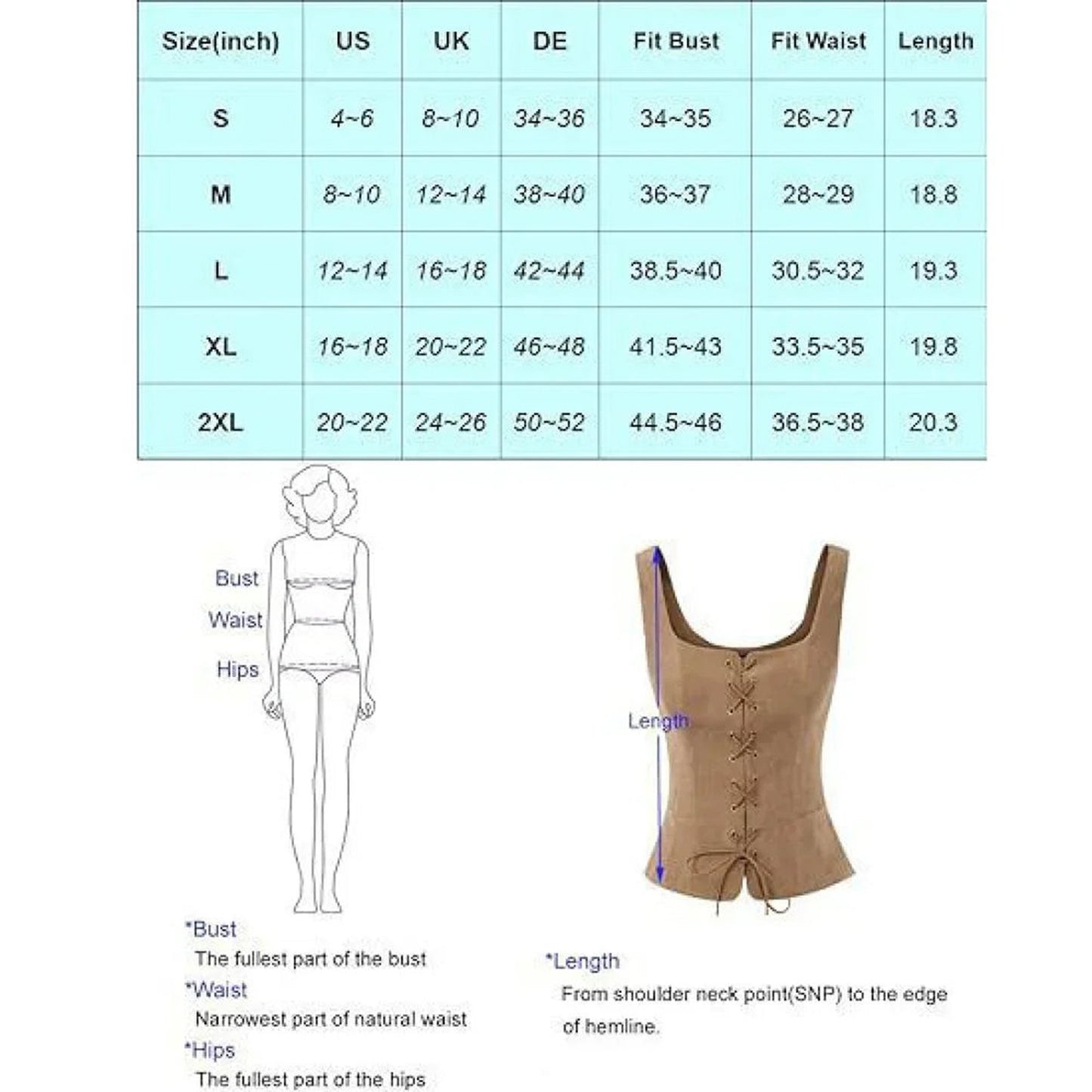 Size chart for medieval corset top for women with measurements for bust, waist, and length