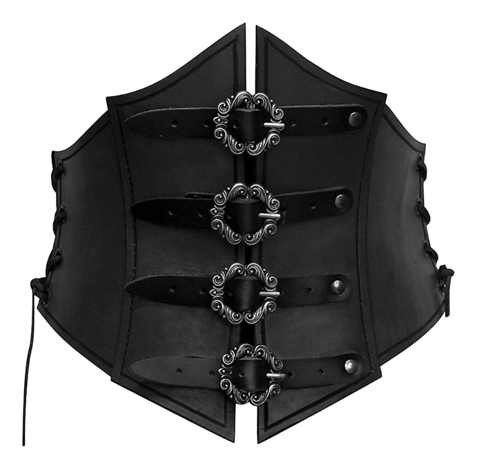 Black medieval corset waistbelt for women with decorative buckles and adjustable laces