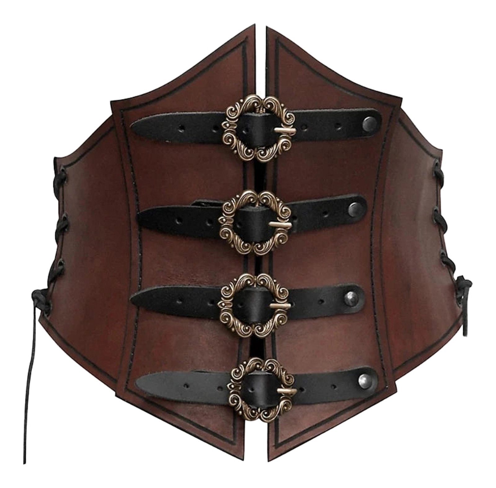 Brown leather medieval corset waistbelt for women with decorative buckles and lacing detail