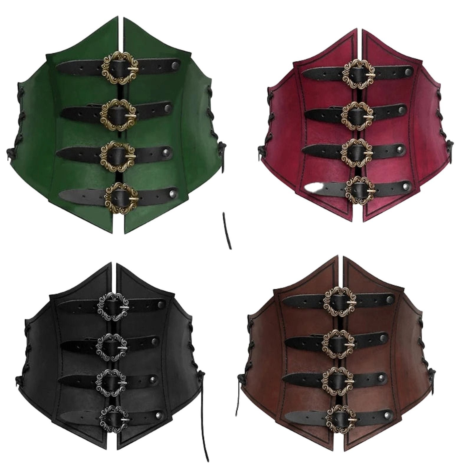 Colorful medieval corset waistbelt for women with adjustable buckles in green, red, black, and brown