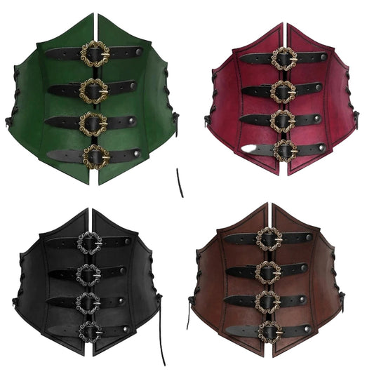 Colorful medieval corset waistbelt for women with adjustable buckles in green, red, black, and brown