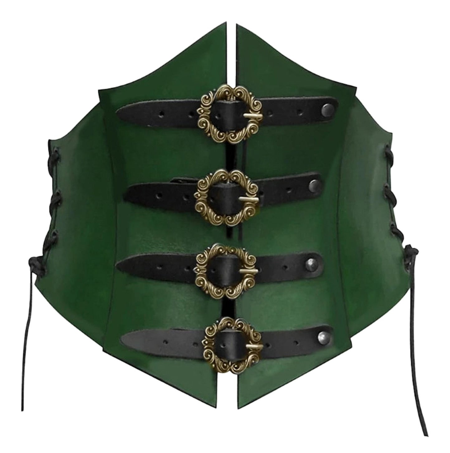 LuckeLadybug LLC medieval corset waistbelt for women in green with decorative buckles and lacing