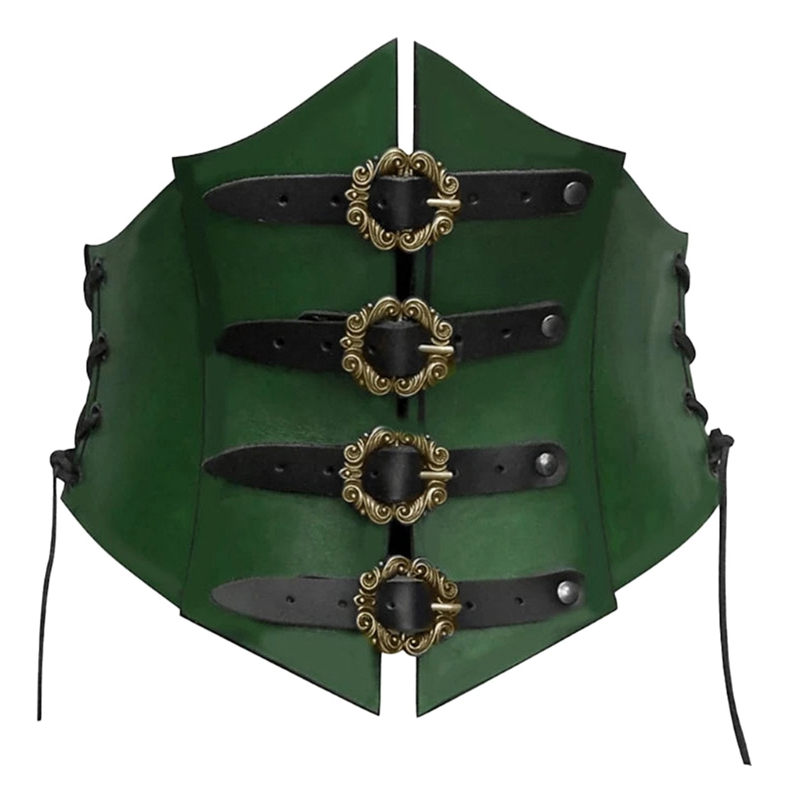 LuckeLadybug LLC medieval corset waistbelt for women in green with decorative buckles and lacing