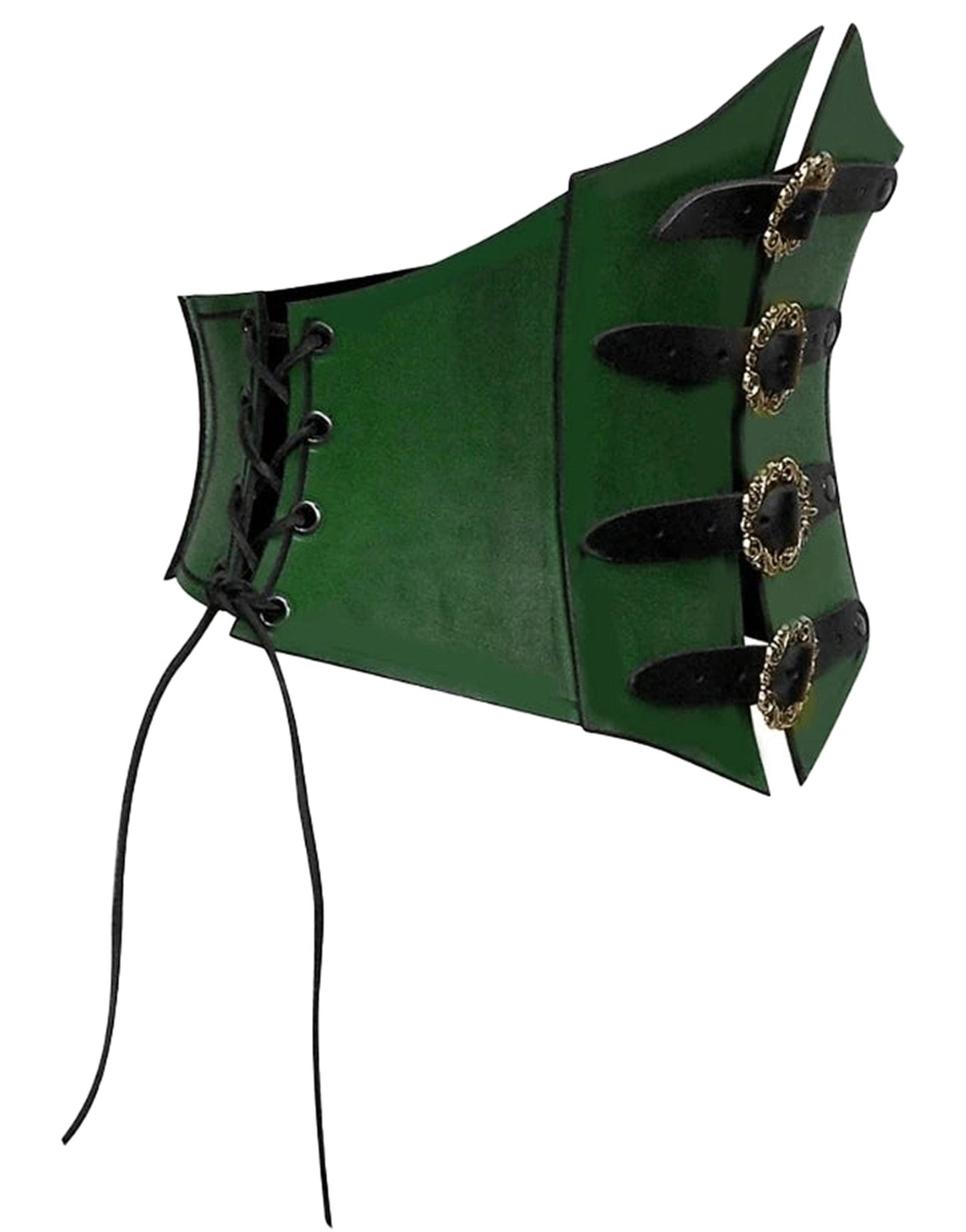 Green medieval corset waistbelt for women with lace-up design and decorative buckles