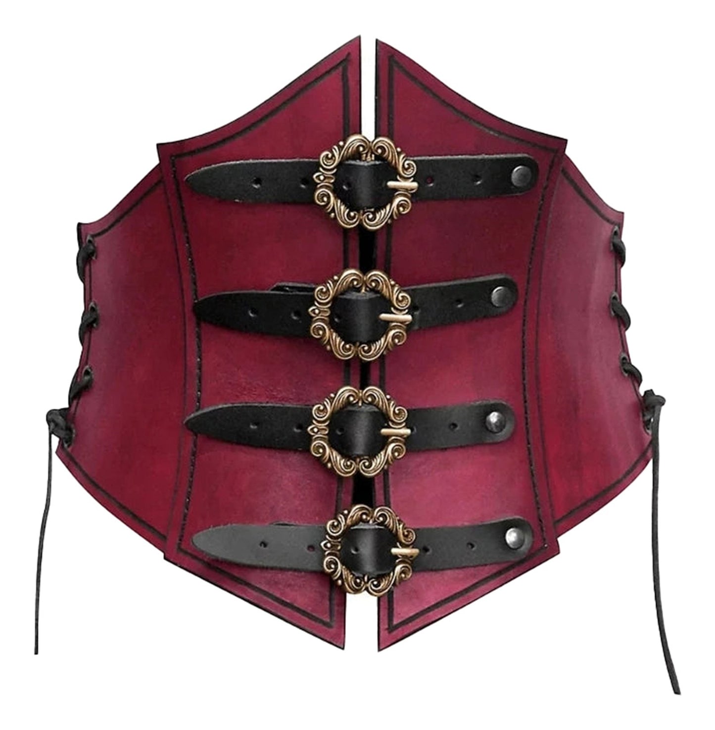 LuckeLadybug LLC medieval corset waistbelt for women in burgundy with decorative buckles and lacing