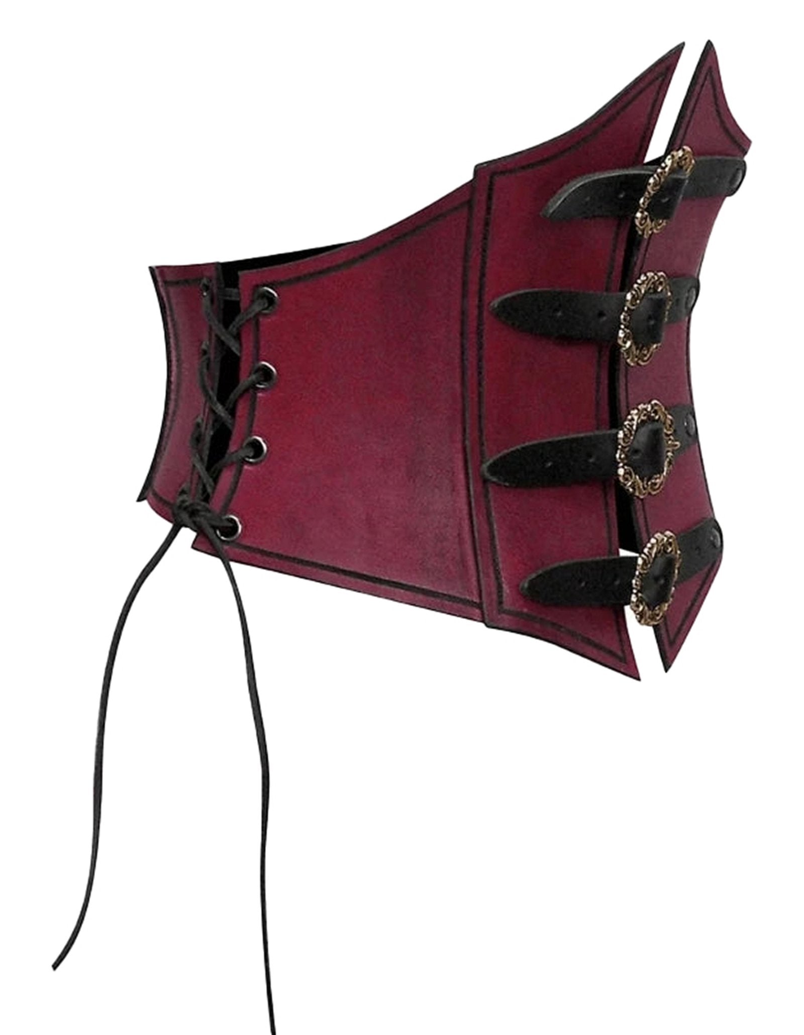 Red medieval corset waistbelt for women with decorative buckles and lace-up design