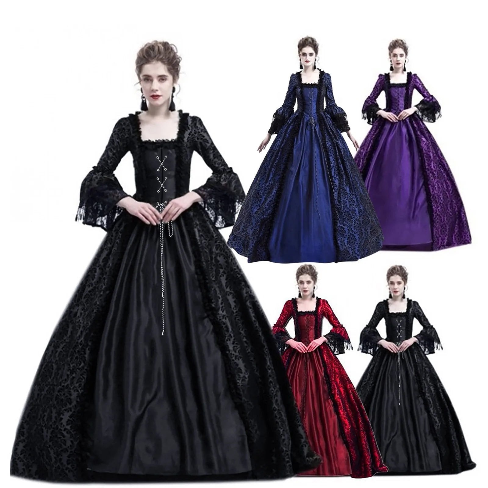 Elegant medieval Halloween costume for women featuring a long gown in black, red, purple, and blue