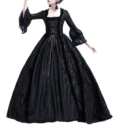 Elegant medieval Halloween costume for women featuring a black gown with lace details and bell sleeves