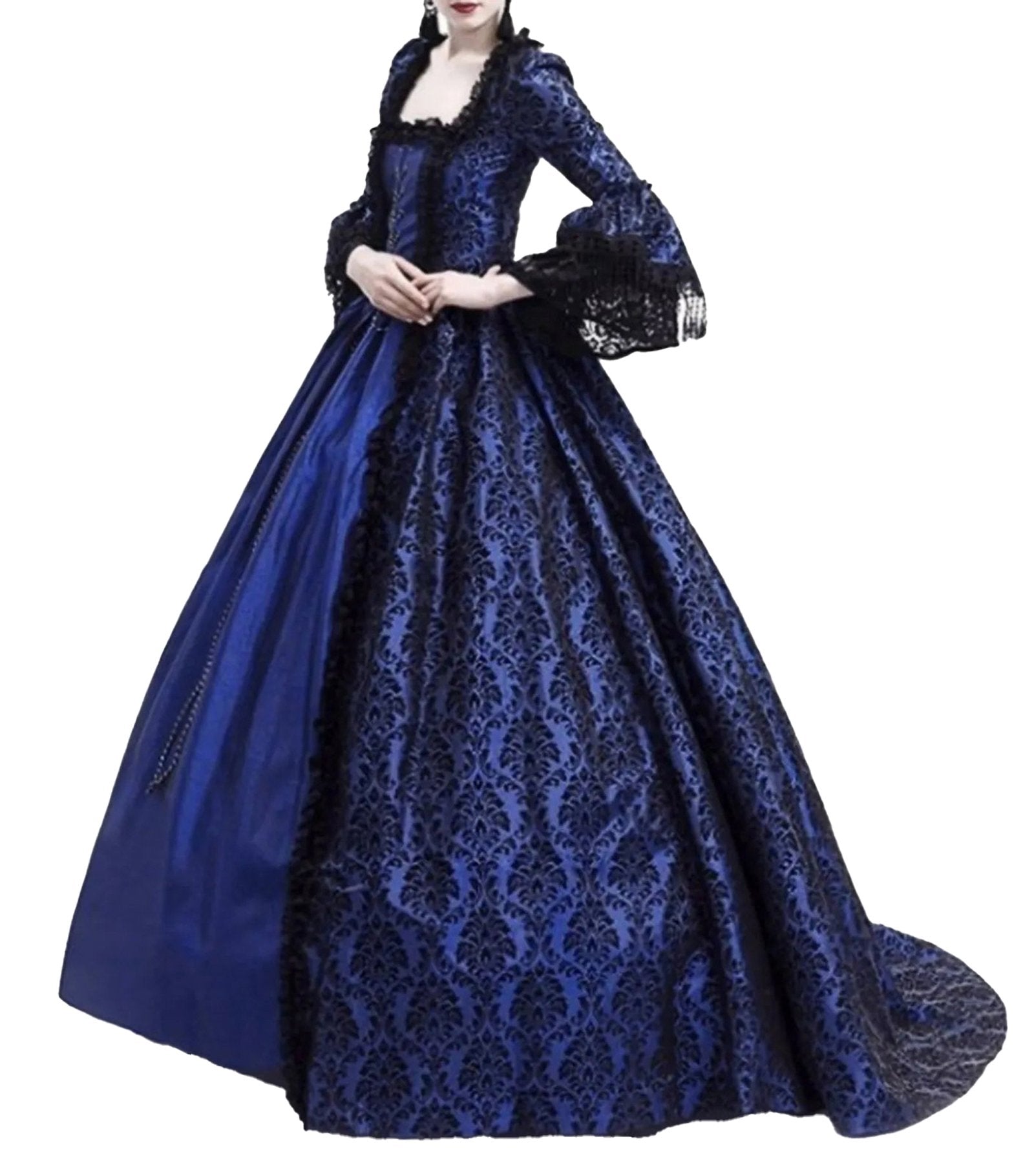 Elegant blue and black medieval Halloween costume for women with intricate lace detailing