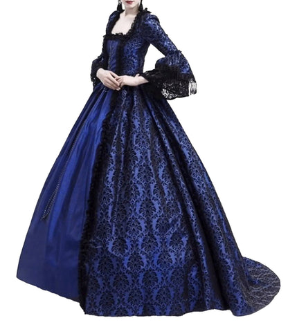 Elegant blue and black medieval Halloween costume for women with intricate lace detailing