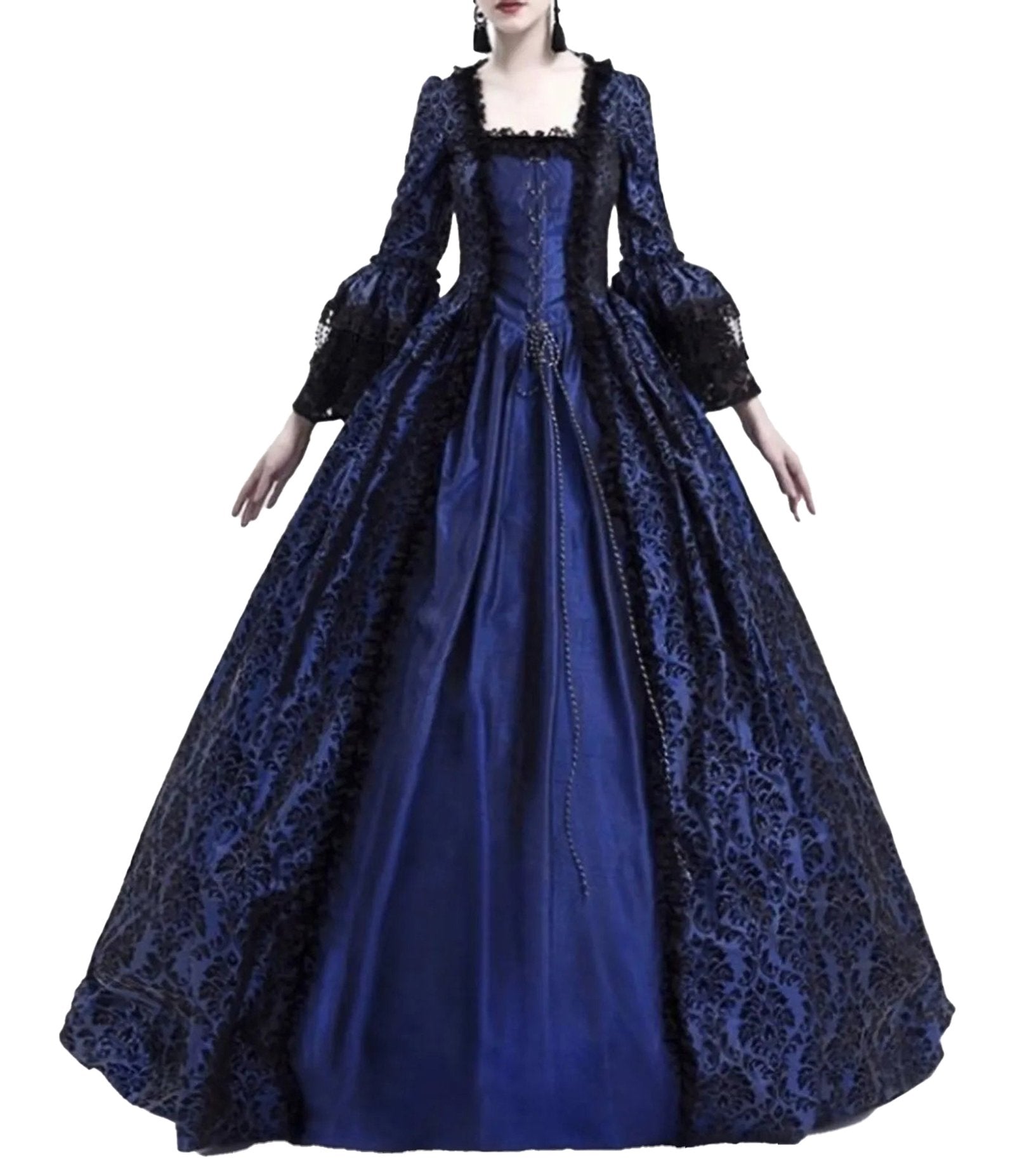 Elegant blue medieval Halloween costume for women with intricate lace detailing and bell sleeves